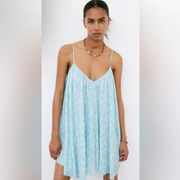NEW ZARA Pleated Baby Floral Blue Camisole Style Mini Dress, Size L - Picture 10 of 16